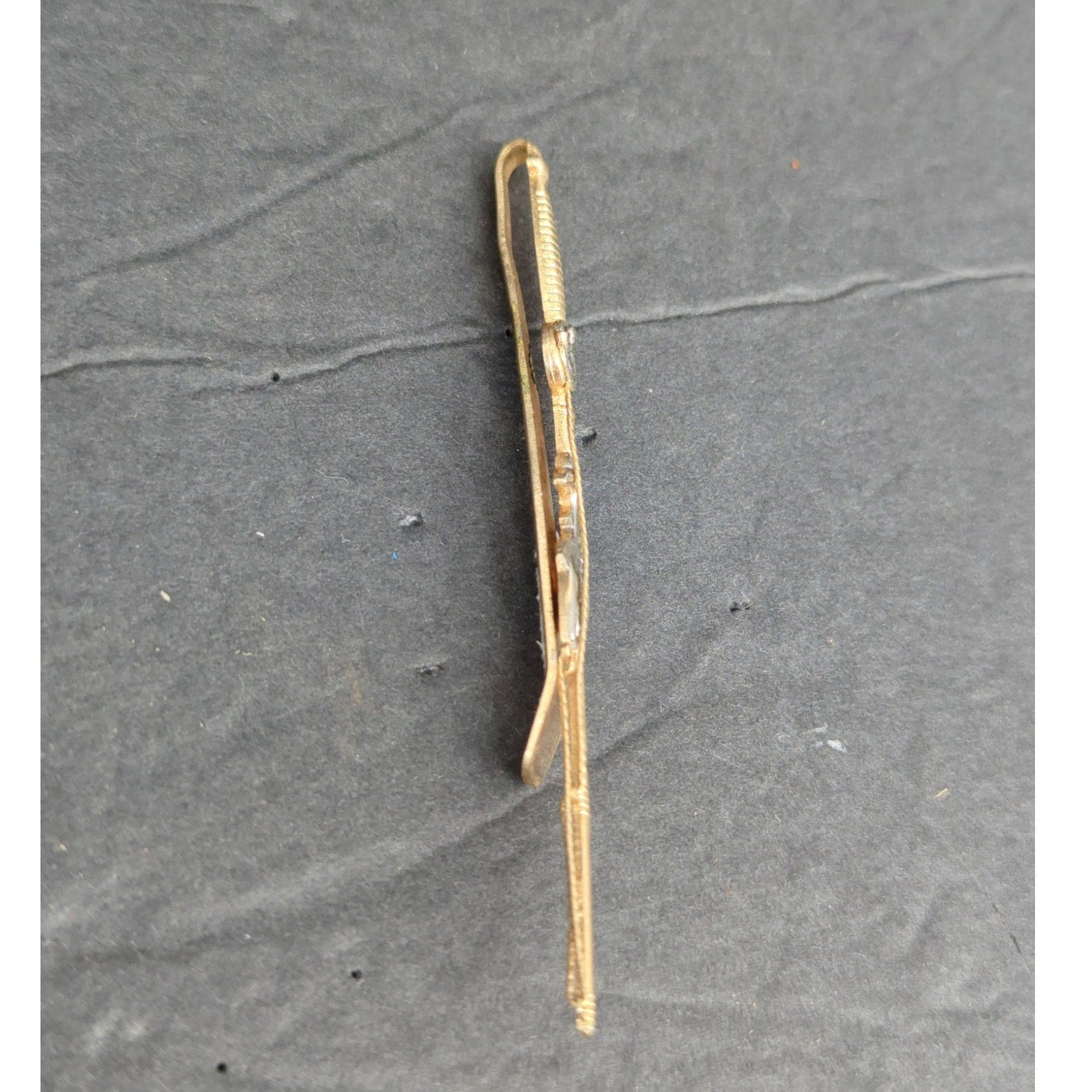 Vintage Gold Tone Fishing Rod Reel Fish on the Line Tie Bar Clip Dad