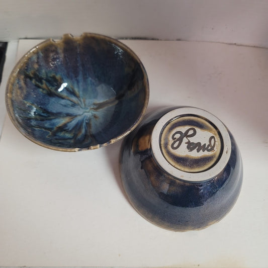 Pair 2 Notched Bowls 7" x 3.5" Blue Brown earthtone Jake Julie Bond Art Pottery