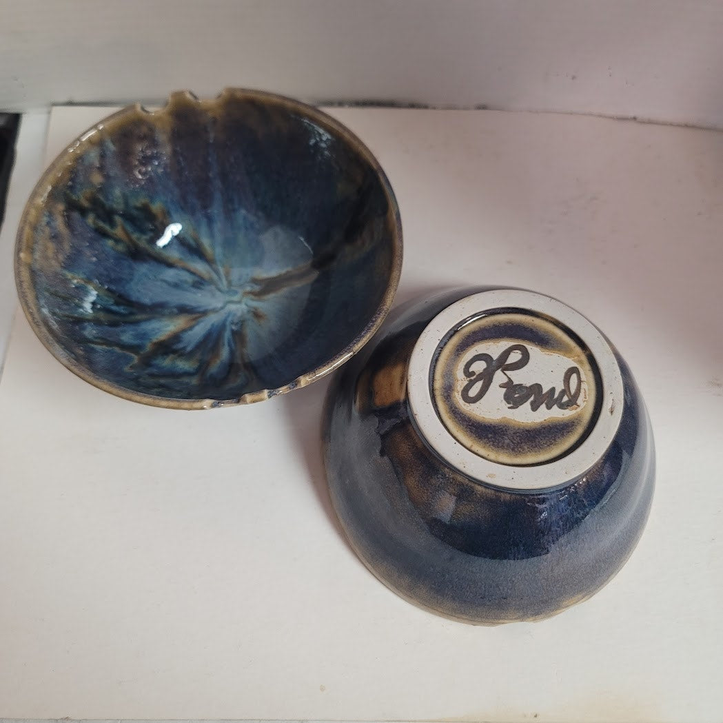 Pair 2 Notched Bowls 7" x 3.5" Blue Brown earthtone Jake Julie Bond Art Pottery