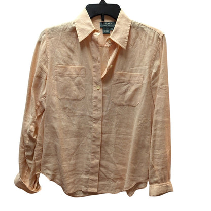 Lauren Ralph Lauren Peach Pastel 100% Linen Button Down Pocket Shirt Petite