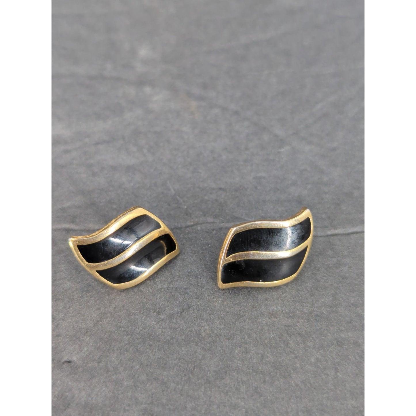 Vintage Black and Gold Tone Curved Stripe Clip On Earrings 1980s glam