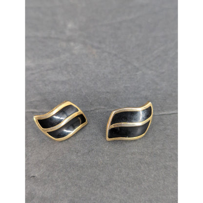 Vintage Black and Gold Tone Curved Stripe Clip On Earrings 1980s glam