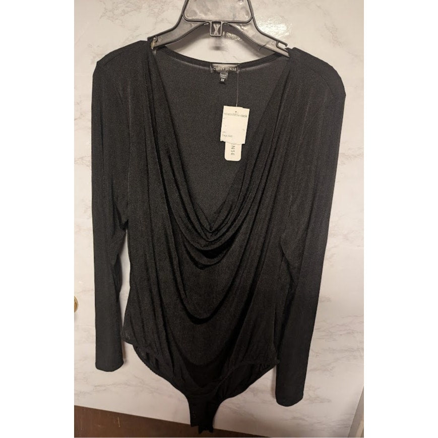 NEW Curvy Sense size 3X black shimmering drape neck bodysuit Long Sleeve Snap