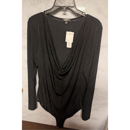 NEW Curvy Sense size 3X black shimmering drape neck bodysuit Long Sleeve Snap