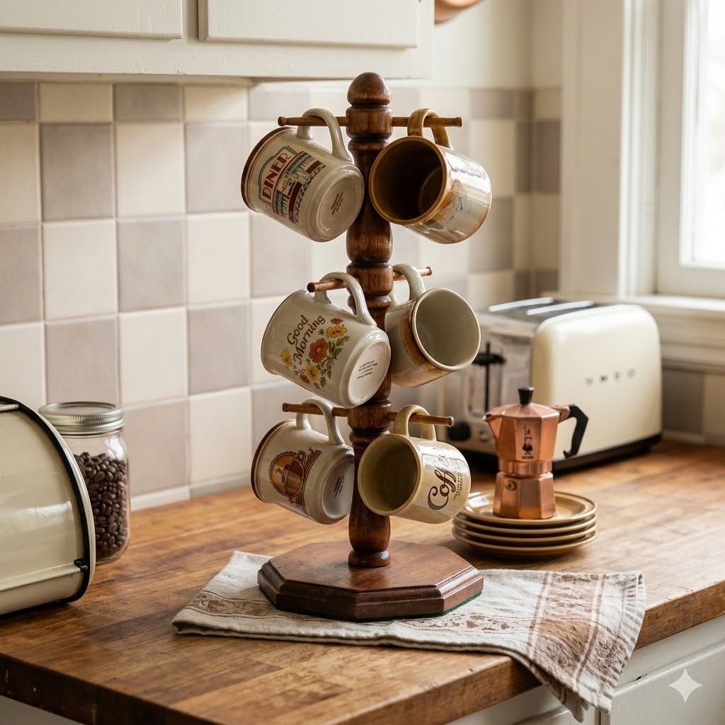 Vintage Mug Tree Holder Wood 6 Peg Coffee Cup Stand MidCentury Kitchen Organizer