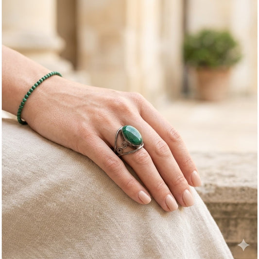 Vintage Sterling Silver Malachite Statement Ring Art Nouveau Swirl Size 9
