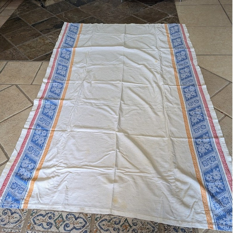Vintage 50s Damask Tablecloth with Border Print in Red White and Blue 56" X 66"