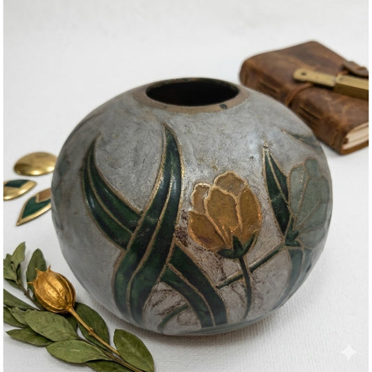 Vintage Mid Century Spherical Round Enamel and Brass Pot Vase Flowers