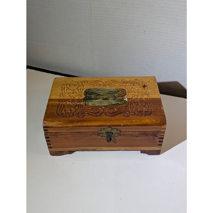 Vintage Carved Cedar Keepsake Box Footed Jewelry Stash Chest Rustic Lodge