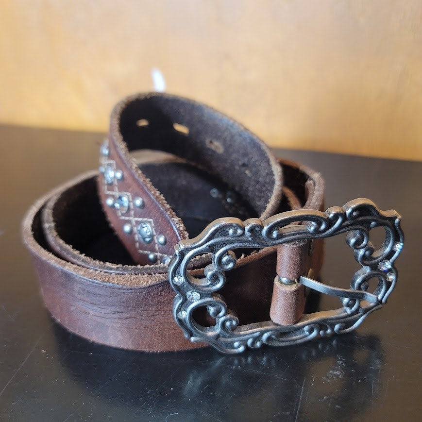 BKE Genuine Leather Large Belt Brown Studded Silver Buckle Boho Western