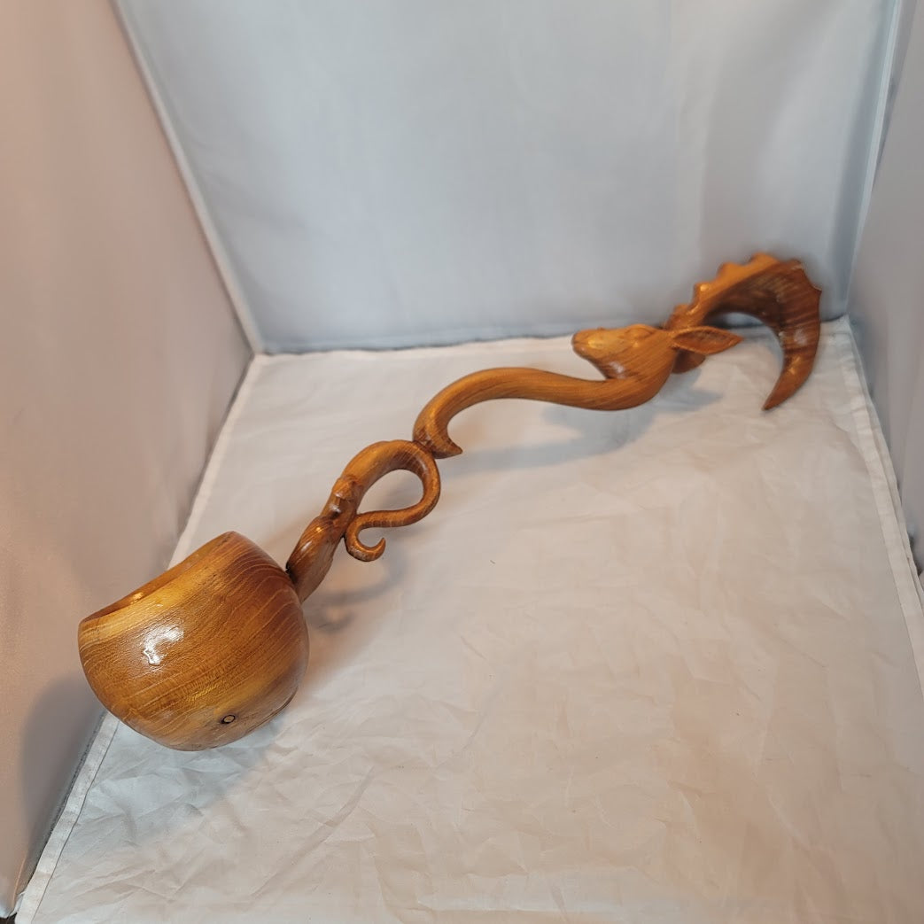 Hand carved double dipper ladle wood antelope ram head Kazakhstan Ожау