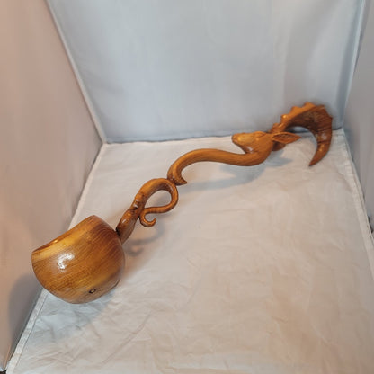 Hand carved double dipper ladle wood antelope ram head Kazakhstan Ожау