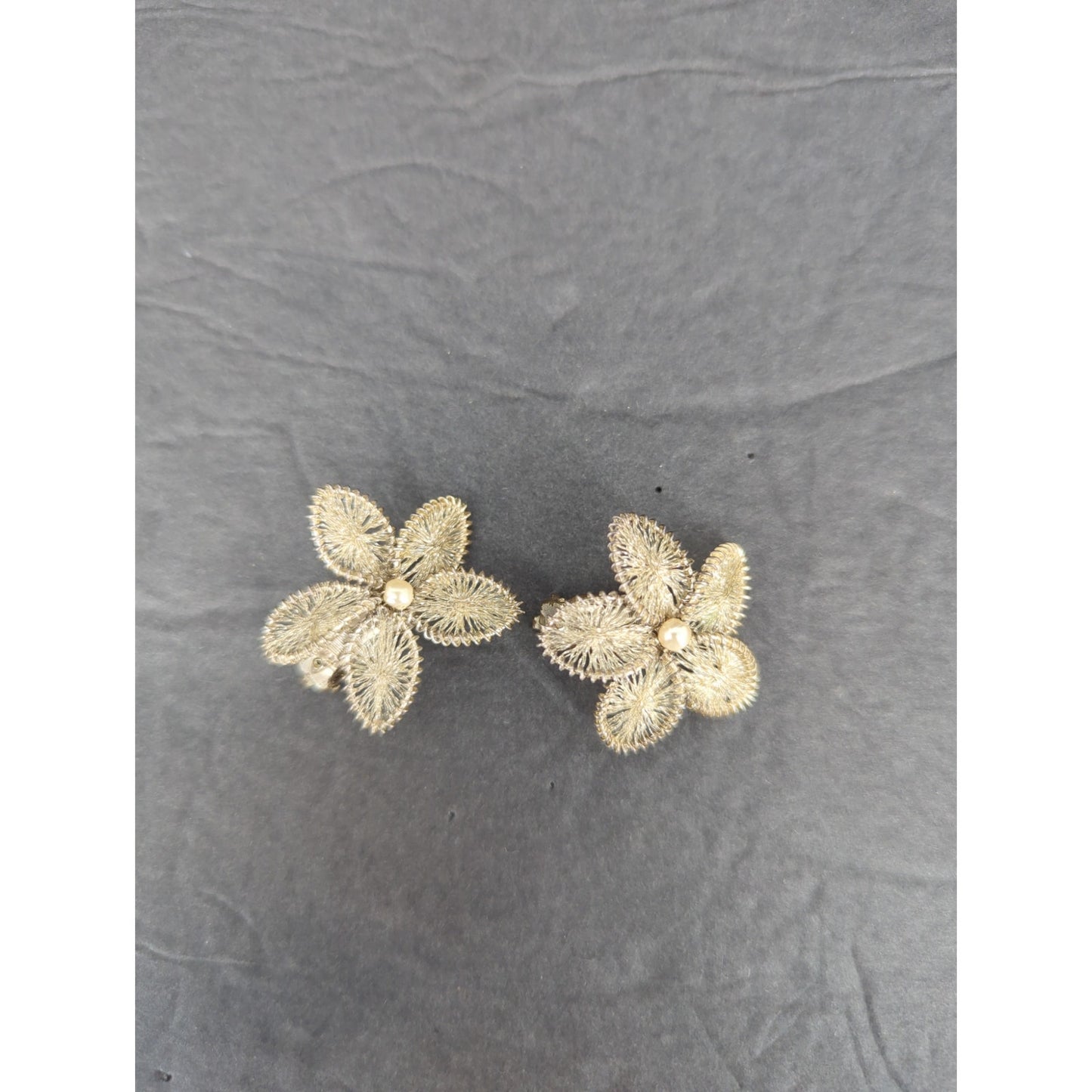 Vintage Gold Flower Clip On Earrings Mid-Century Open Work Textured Retro