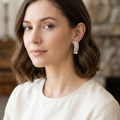 Vintage Art Deco Rhinestone Curved Waterfall Clip On Earrings Mid Century Glam