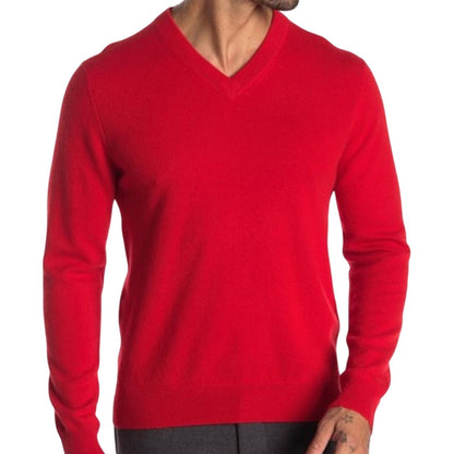 NWT Qi Cashmere Pullover Sweater Long Sleeves V-Neck Ribbed Trim Red X-Large
