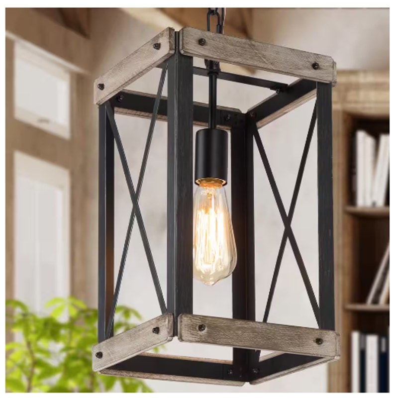 LNC Black Rustic Wood Cage Pendant Light Farmhouse Lantern Kitchen Pendant NEW