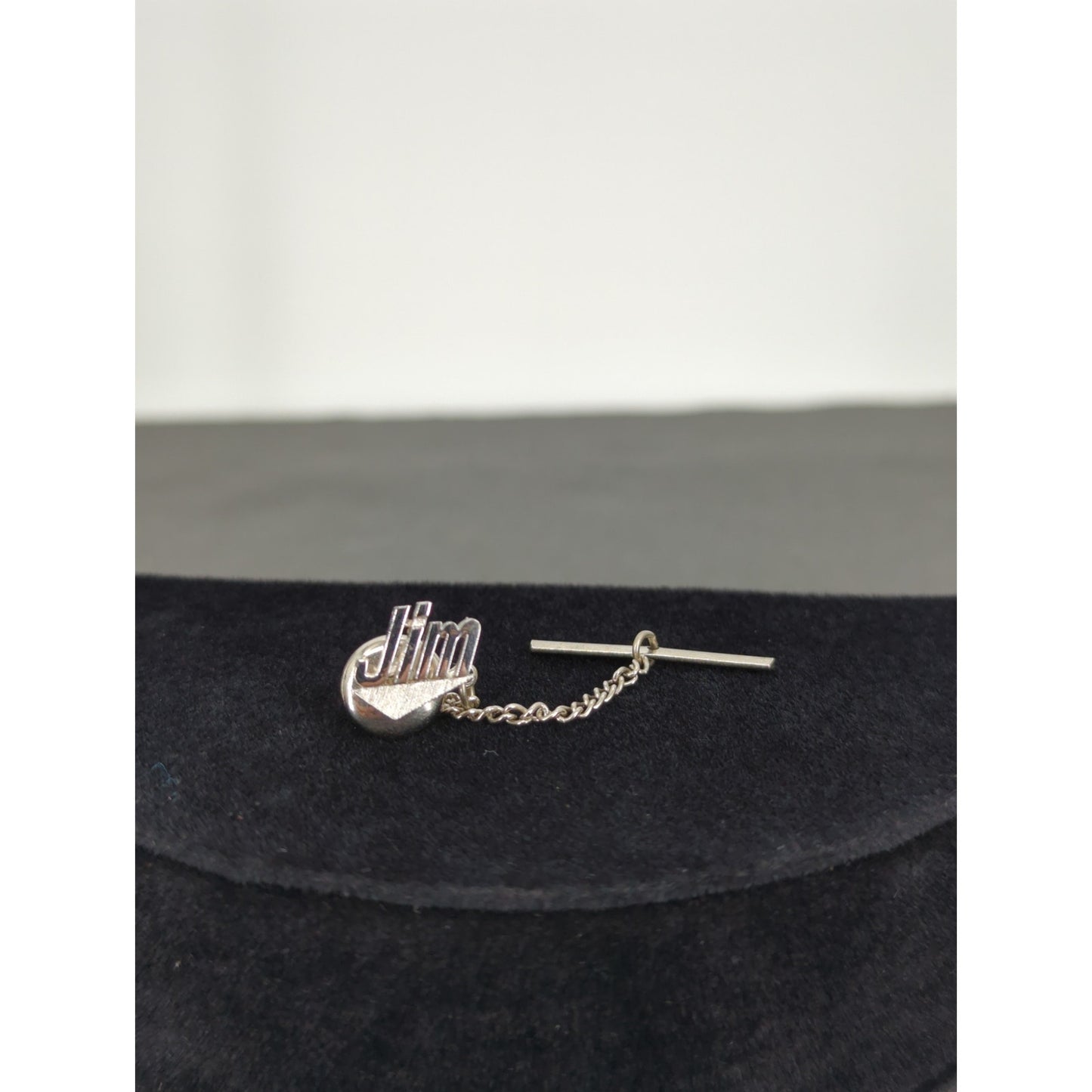 Vintage Silver Tone JIM Name Personalized Tie Tack 2 Inch Script Mid Century