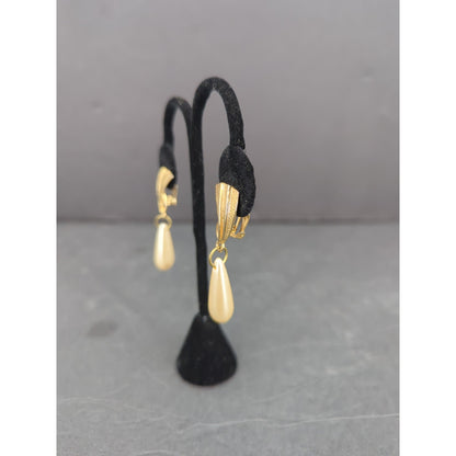 Vintage Faux Pearl Teardrop Drop Clip On Earrings Gold Tone Retro Glam 1980s