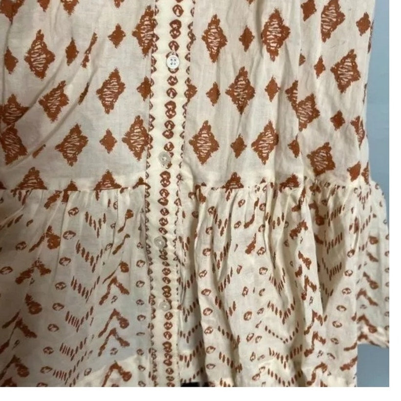 Free People SMALL  Mini Dress Tunic Short Sleeve Square Neck Brown Ivory Print