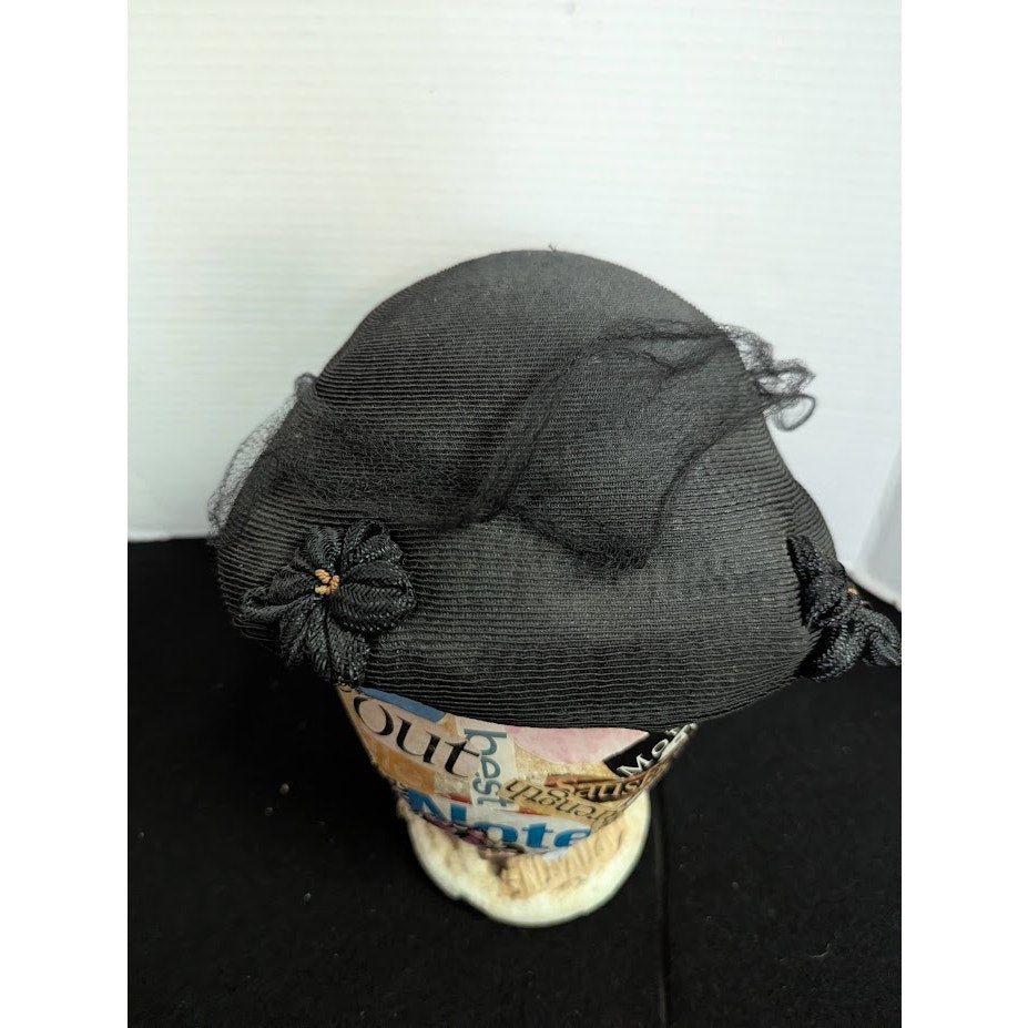 Vintage Black Pillbox Hat Veil 1940s 50s Noir Goth Mourning Pinup Rockabilly