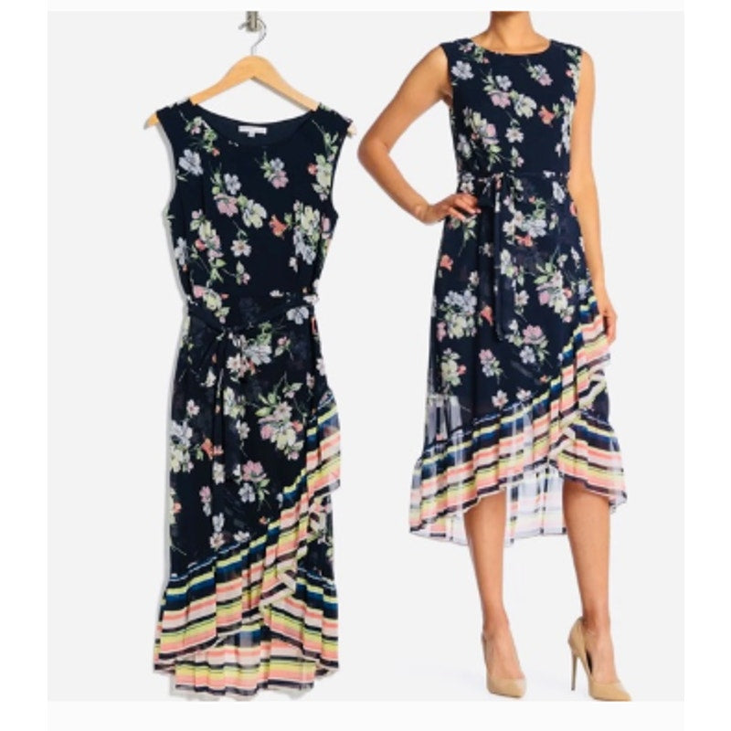 NEW Sandra Darren Casual Career Size 12 Multi Floral Faux Wrap Belted Dress