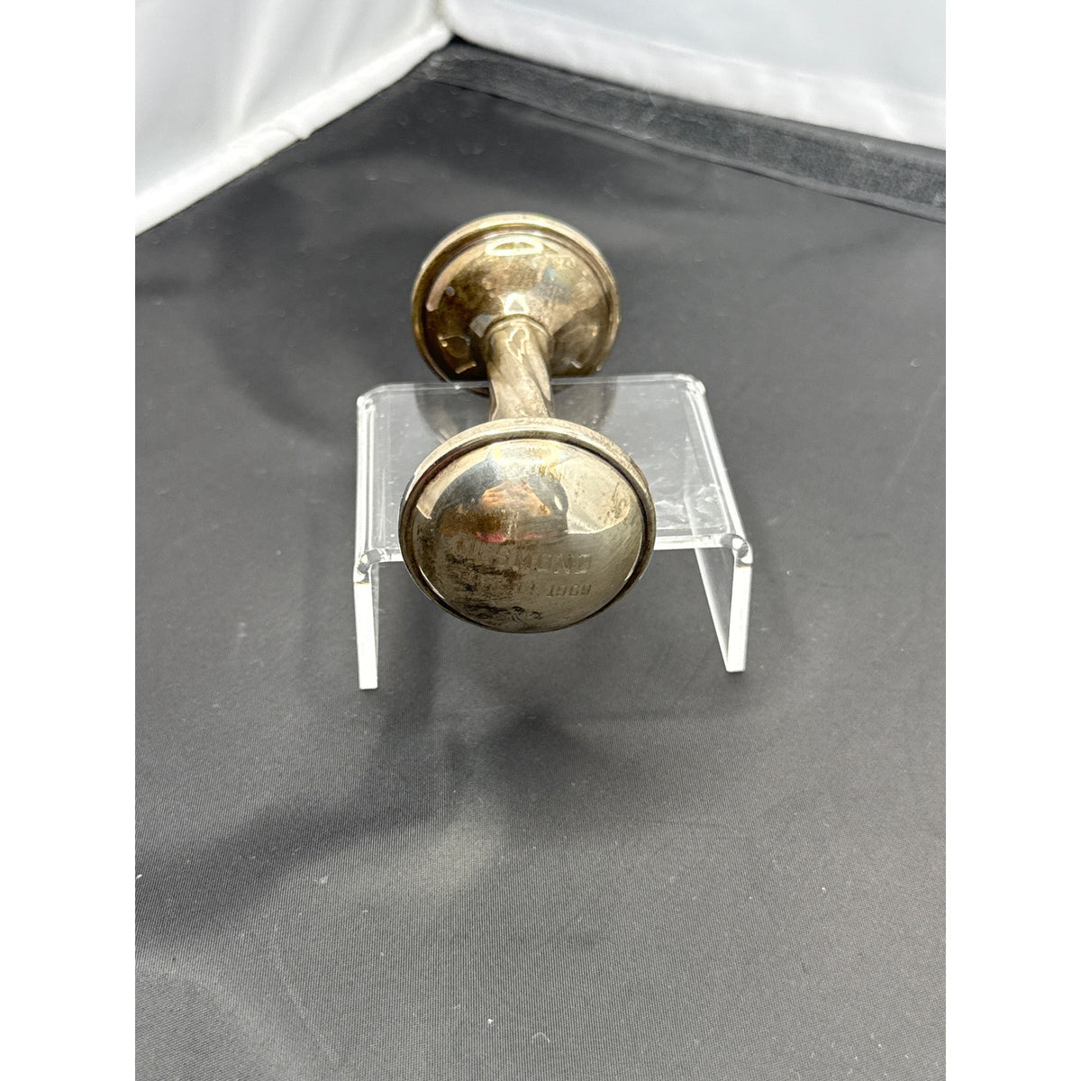 Lullaby Dumbell Sterling Silver 945 baby rattle 31 Grams engraved Desmond 1969