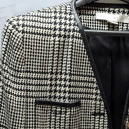 The Limited Plaid Wool Blend Blazer Faux Leather Trim Gold Button Vintage XS