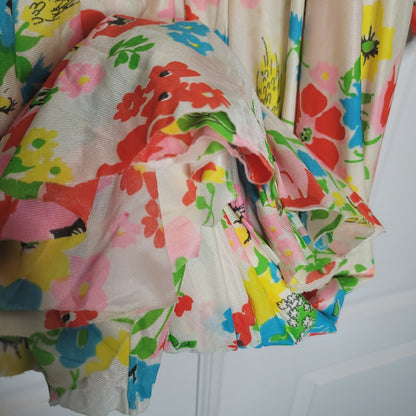 Vintage Poly Pajama Housedress PJs Floral Maxi Long Sleeve raw hem LARGE/XL