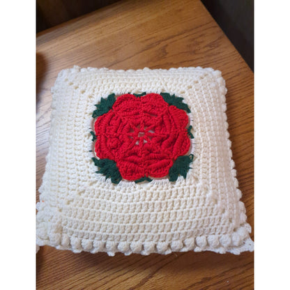 Handmde 96" x 116" King Rose 3D Blanket w/3 pillows white red green Afghan