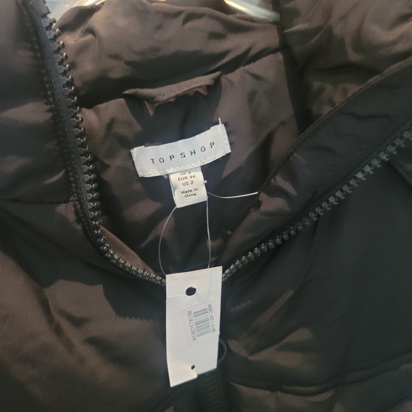 NWT Topshop Padded Puffer Jacket Womens Size 2 BLACK Full Zip Drawstring XS