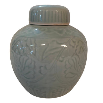 Vintage Chinese Celadon Ginger Jar Chinoiserie Pale Green Ceramic Urn Vase 6"