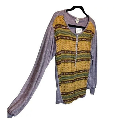 Baea Nordstrom Mixed Pattern Long Sleeve Henley Style Top Purple Gold Medium New