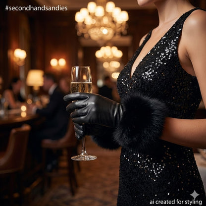 Vintage Black Leather Gloves Plush Fur Cuffs Glamour Evening Wear Elegant