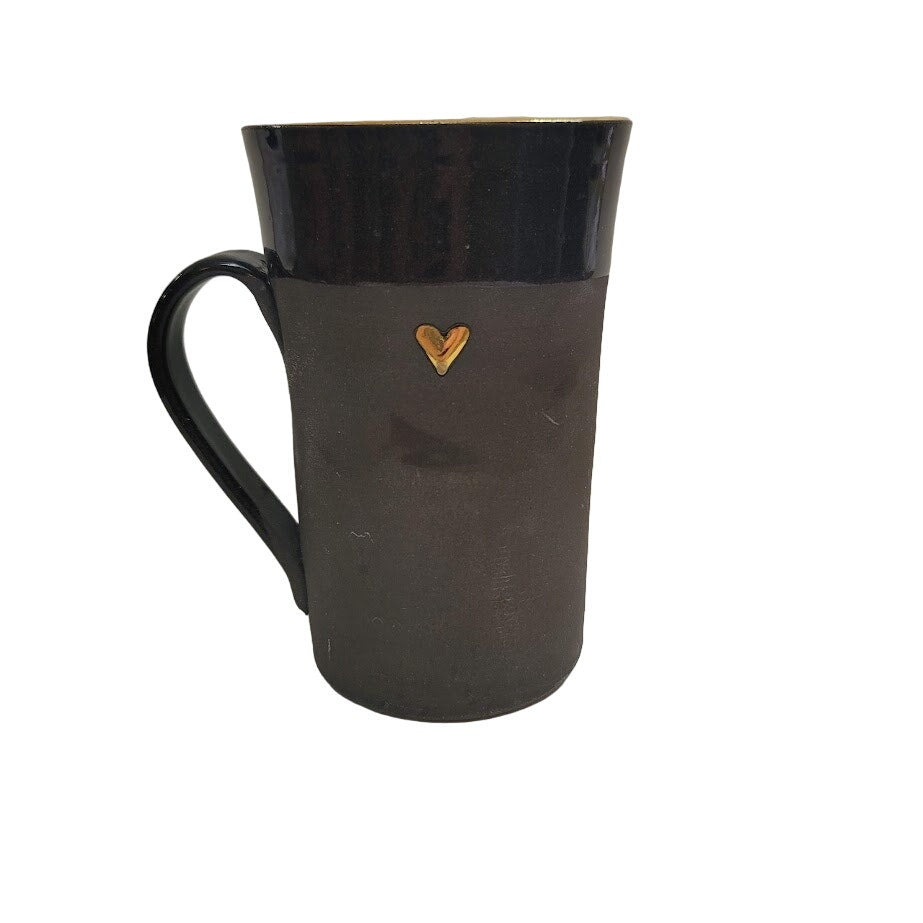 Handmade Art Pottery black matte gloss tall mug cup gold rim heart