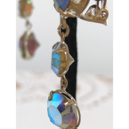 Vintage Aurora Borealis Crystal Drop Clip-On Earrings Retro Glamour