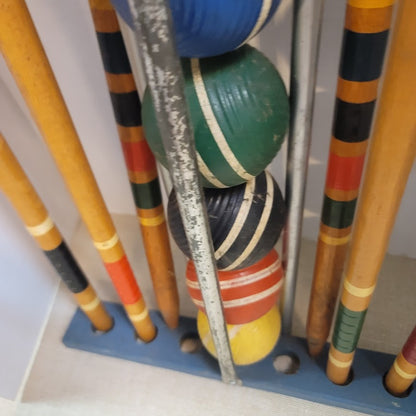 Vintage Wooden Croquet Set with Blue Storage Stand Lawn Classic Game