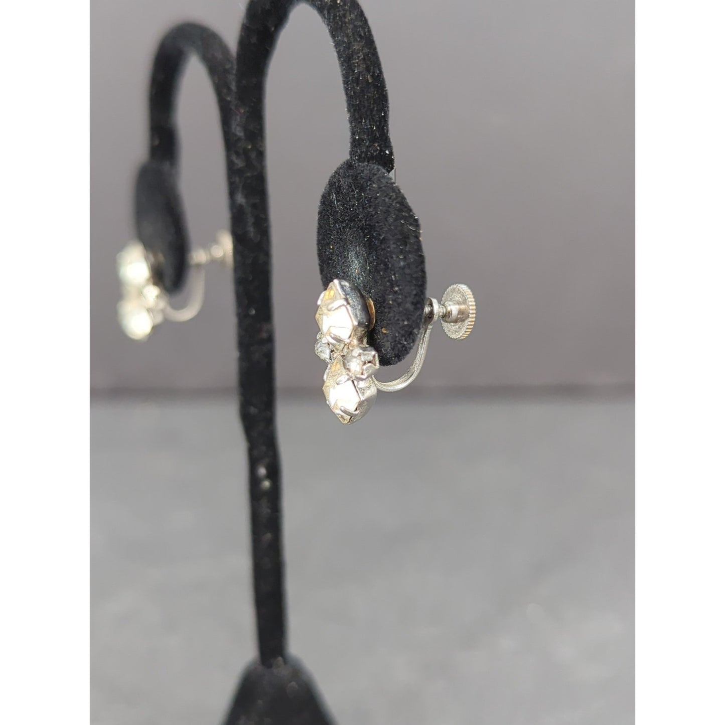 Vintage Clear Rhinestone Faux Diamond Geometric Cluster Screw Back Earrings