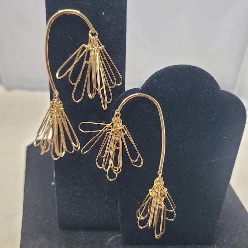 Modernist Gold Wire Cage Tassel Earrings Large Statement Runway Glamour