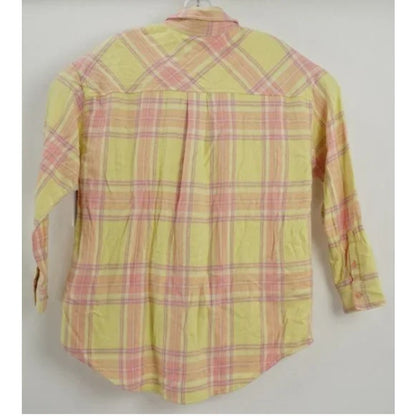 BP. Boyfriend Plaid Button-up Shirt Trevor Plaid Collared Neck Pink Yellow SMALL