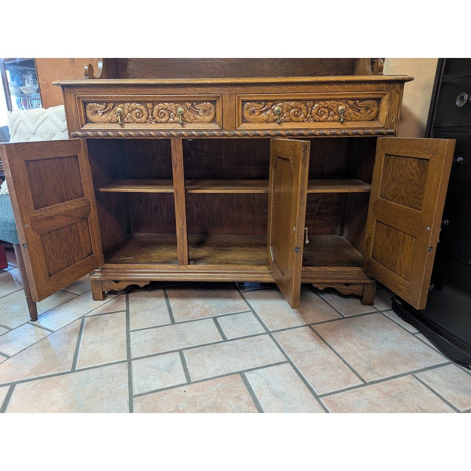 Vintage French Country Carved Wood Hutch China Cabinet Display Buffet Server