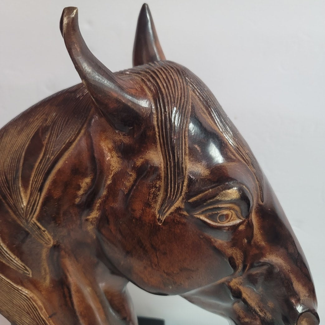 Bombay Cast Metal Solid Horse Head Sculpture Brown Black Base India Made Rare