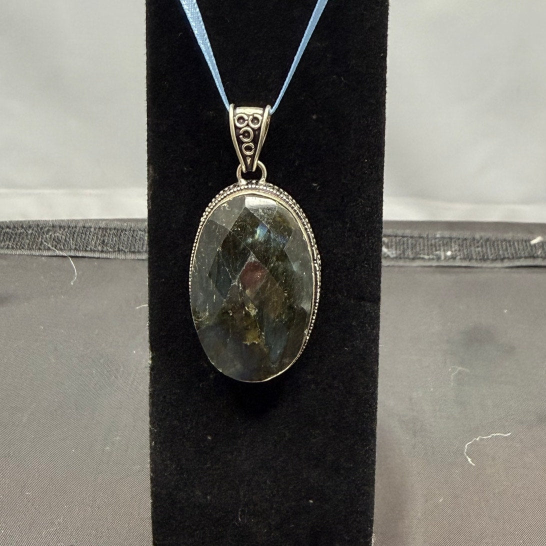 Large Blue Flash Labradorite Pendant 925 Sterling Silver Oval Statement 2.75"