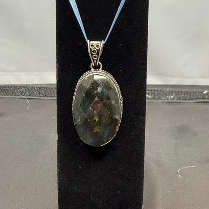Large Blue Flash Labradorite Pendant 925 Sterling Silver Oval Statement 2.75"