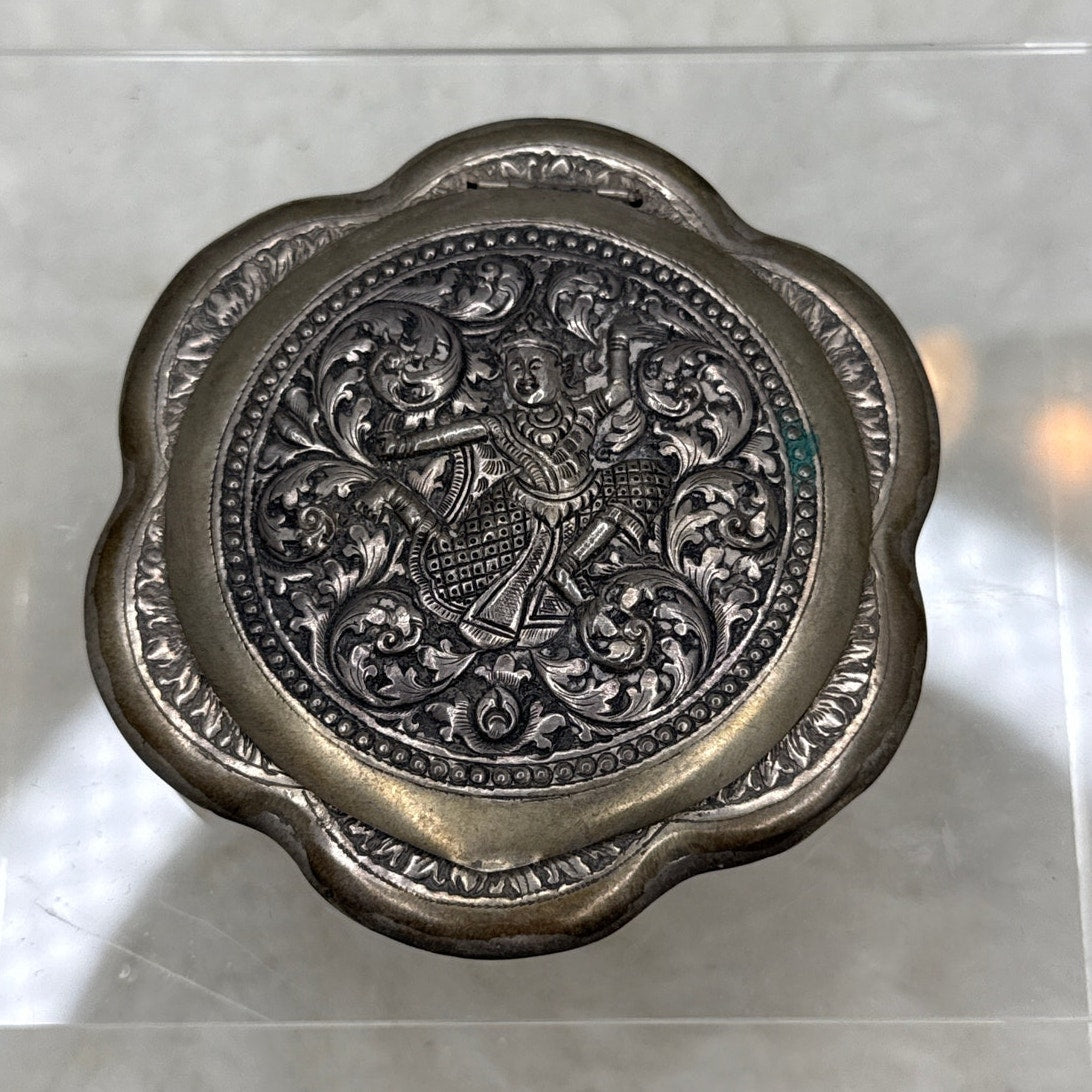 Vintage Siam KINNAREE Silver Powder Compact Repoussé Thai Deity Ramakien 1950s