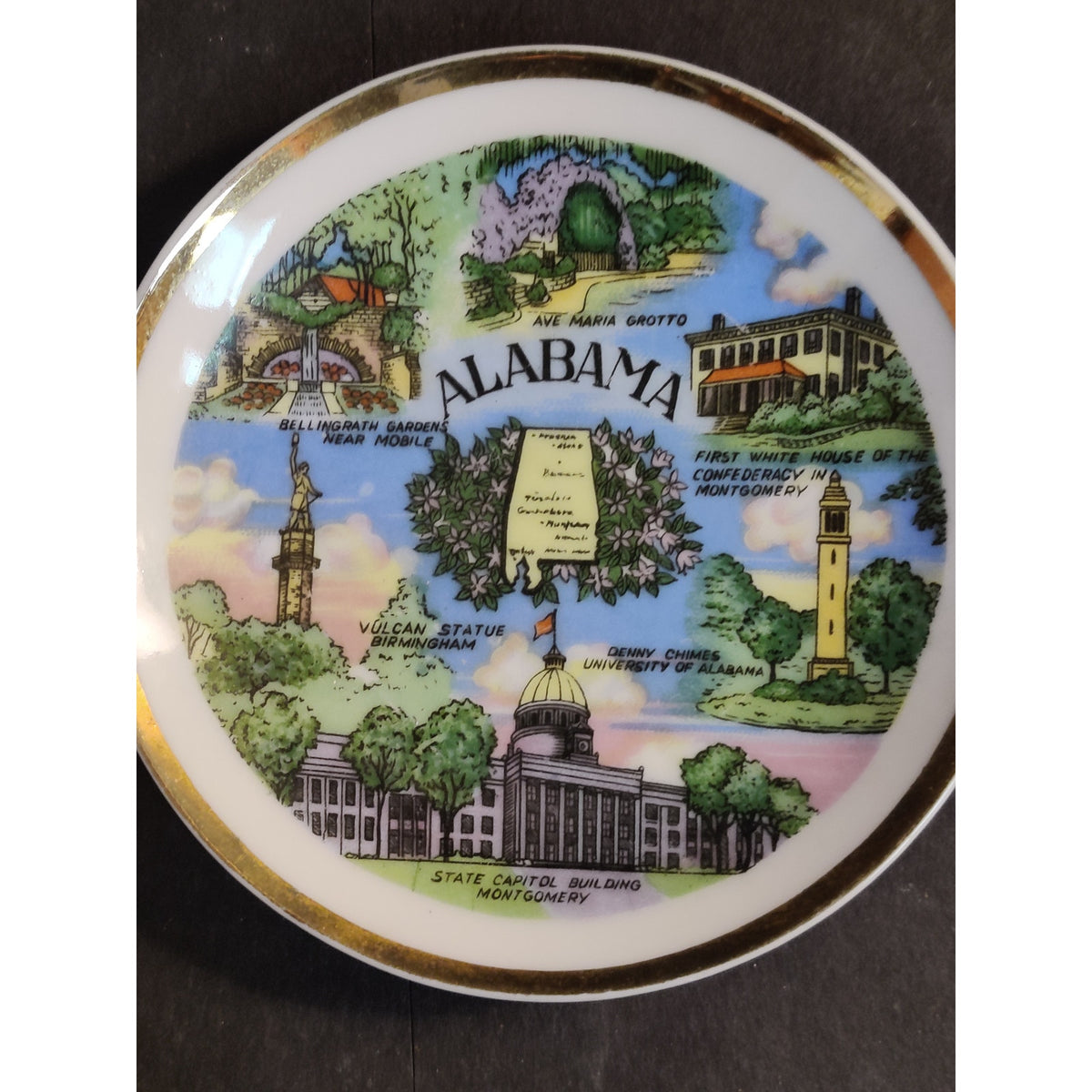 Vintage Souvenir Ceramic Collector Plate Alabama State Landmarks Gold Trim
