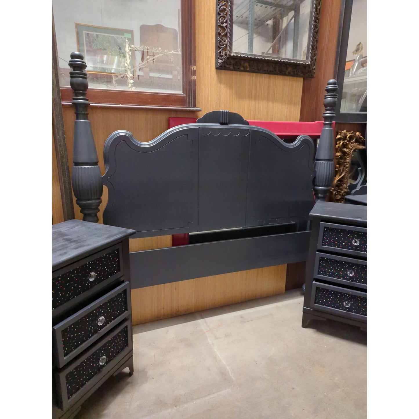Secondhand Sandies: Full charcoal gray Headboard Vanity and Mirror