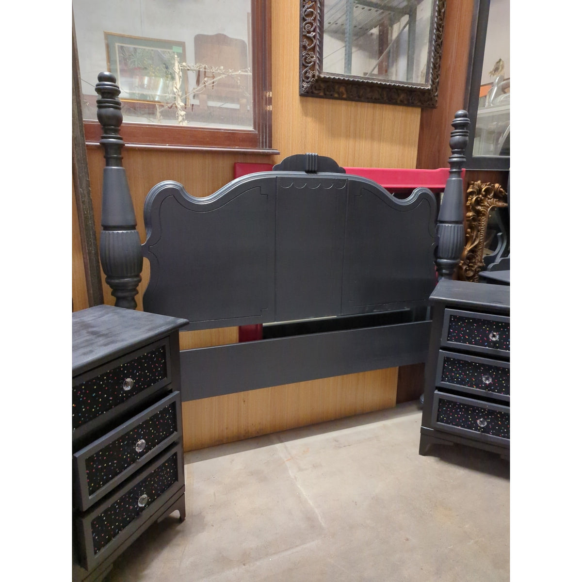 Secondhand Sandies: Full charcoal gray Headboard Vanity and Mirror