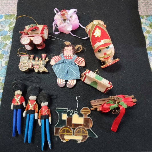 Vintage Lot of 11 Christmas Ornaments Soldiers, train, Flower, Wagon, Firewood