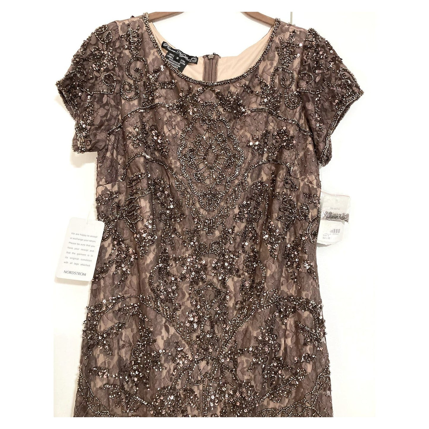 Pisarro Nights Art Deco Beaded Mesh Cocktail Dress Size 8 in Coffee Latte NWT