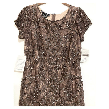 Pisarro Nights Art Deco Beaded Mesh Cocktail Dress Size 8 in Coffee Latte NWT